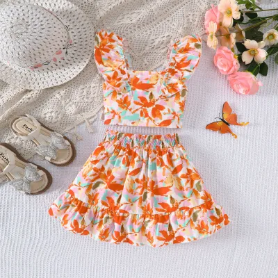 Ew Export Girls' Casual Style Printed Ruffle Skirt Suit Small Medium-Size for Spring Summer Holidays-Sizes 2T and 5T
