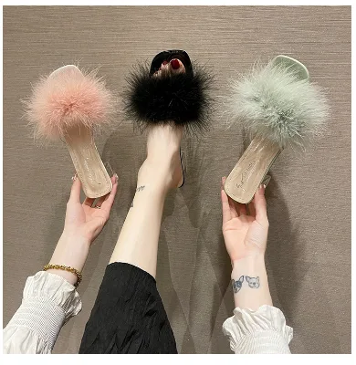 Fashion Plush Sandals and Slippers Lady 2023 Spring and Summer New High-heeled Half-slippers for Women