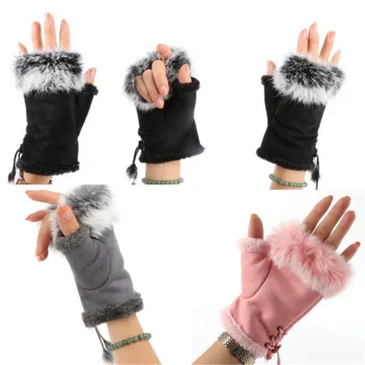 High Quality Half Finger Female Gloves Cute Plush Leather Gloves Faux Rabbit Hair Wrist Fingerless Mittens for Women