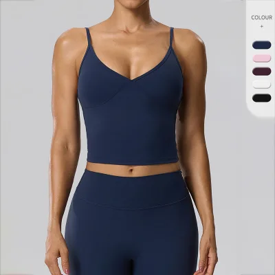 Women V Neck Spaghetti Strap Yoga Tank Top Built-in Pads High Stretch Quick Dry Breathable Fitness Training Cami