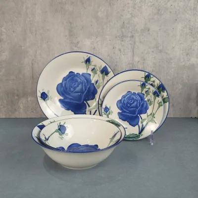 24PCS Dinner Set Pad Printing Customizable White and Blue Flower Design Luxury Style for Party