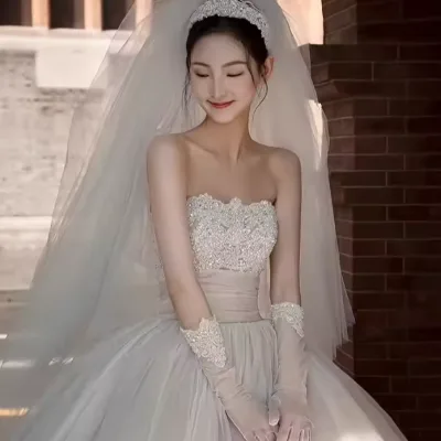 Tube Top Wedding Dress New Heavy Handmade High-end Sense Petite Bride Princess Style Wedding Dress