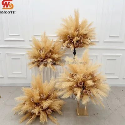 SMOOTH Fall Boho Wedding Artificial Flower Centerpiece Pampas Grass with Dusty Brown Rose Floral Arrangement for Event Party