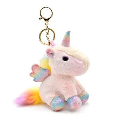 Plush Doll Iridescent Angel Wings Long-Hair Style Rainbow Keychain Pendant Pink Unicorn Gift None