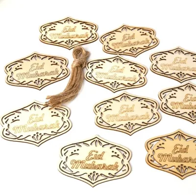 Muslim Festival Natural Wood Heart Hanging with Ropes Hollow Eid Wooden Pendant DIY Eid Mubarak Pendant for DIY New Year Decor