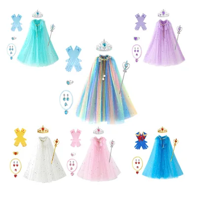 New Arrival Summer Soft Yarn Solid Color Star Sequins Fairy Cape With Accessories Set Elsa Princess Sequin Cloak for Kids Girls