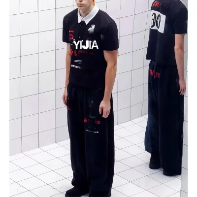 YIJIA Black and Blue Double-color Angel Battle Embroidery Ankle Pants Loose Baggy Wide-leg Sports Pants