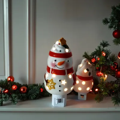 Handpainted Ceramic Light up Funny Snowman Night Light with 360 Degree Rotation Home Decoration Gift