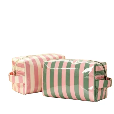 Custom New Style Waterproof Makeup Organizer Bag, Portable Large Capacity Striped Printing Pouch for Travel Skincare Lipstick