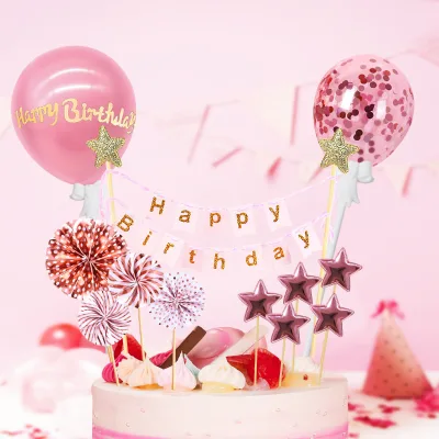 New Black-Themed Paper European American Style Birthday Cake Topper Set Creative Gold-Stamped Balloons Sunflowers Pull Flags