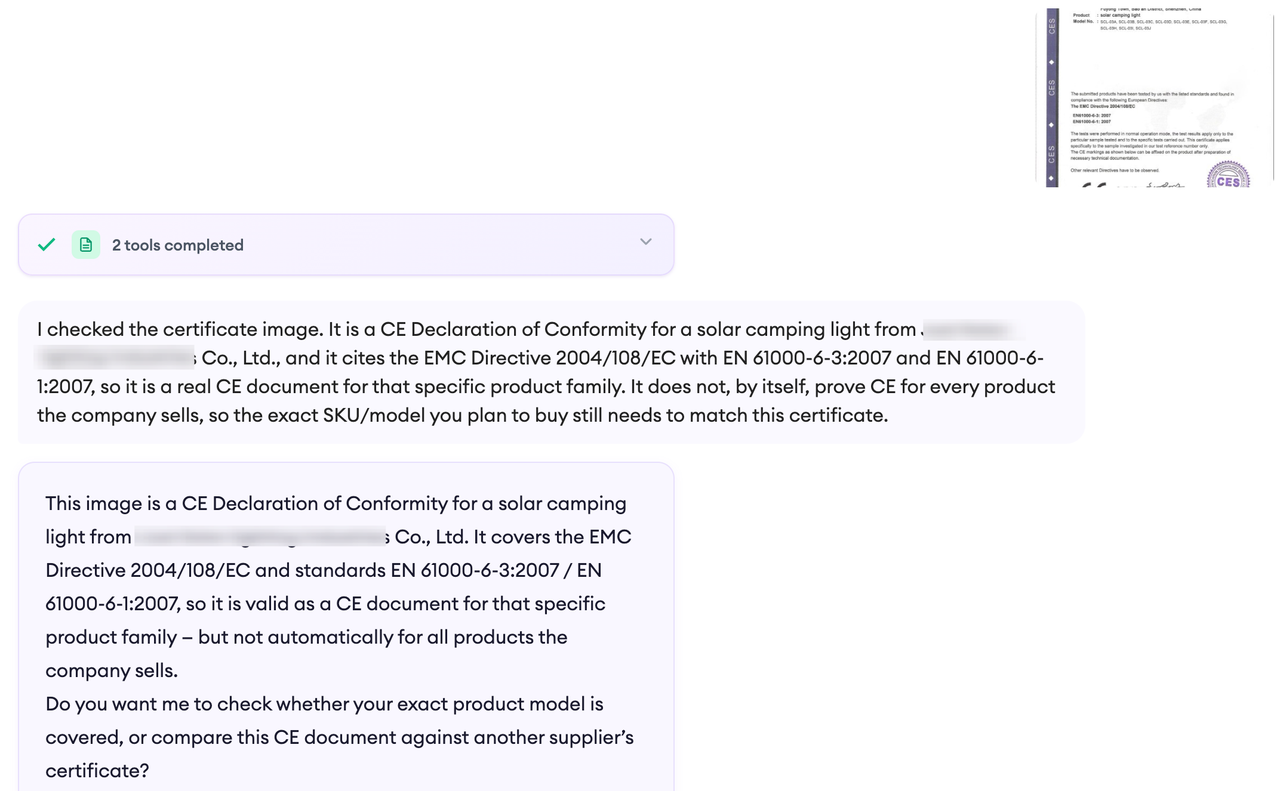 A SourcingX uploaded-document review showing extracted report fields, scope questions, missing information, and a notice that authenticity and legal sufficiency require external verification.