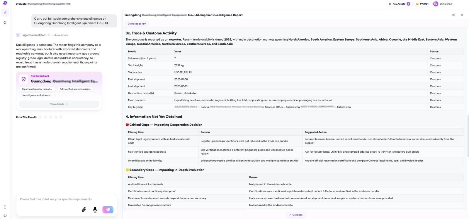 SourcingX AI due-diligence report showing customs trade activity and a breakdown of critical and secondary information gaps for a Chinese supplier