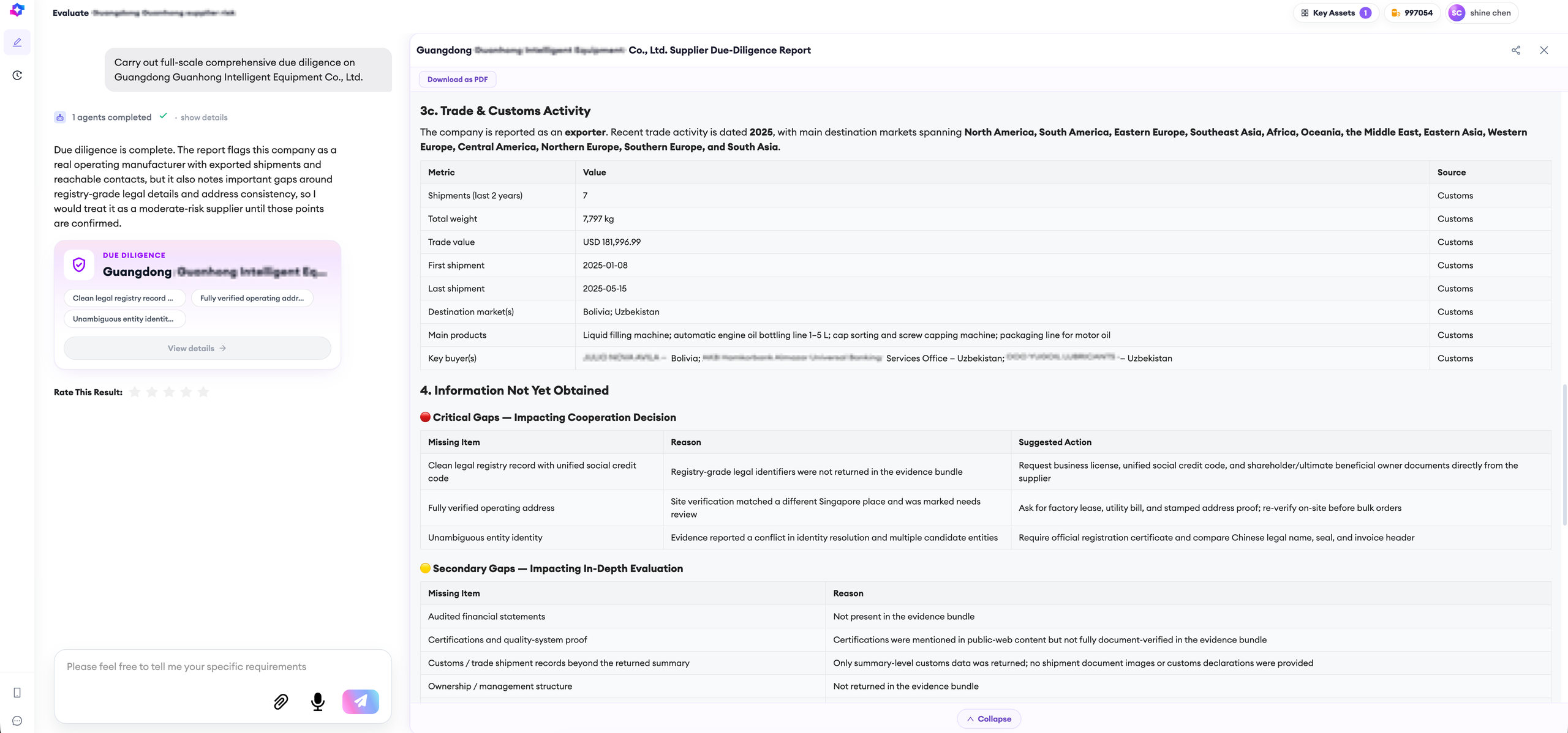 SourcingX AI due-diligence report showing customs trade activity and a breakdown of critical and secondary information gaps for a Chinese supplier