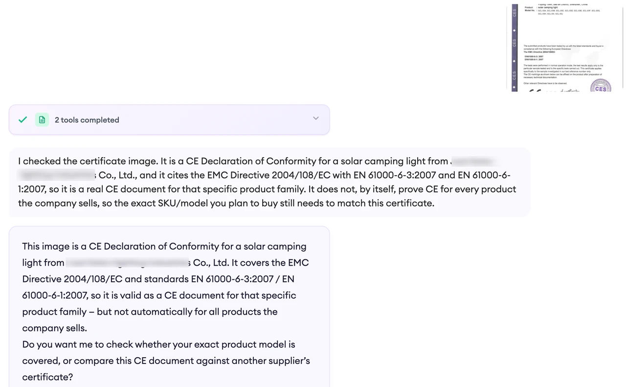 A SourcingX uploaded-document review showing extracted report fields, scope questions, missing information, and a notice that authenticity and legal sufficiency require external verification.